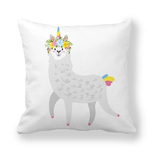 Square peach skin pillowcase with cute cartoon llama and rainbow unicorn horn design