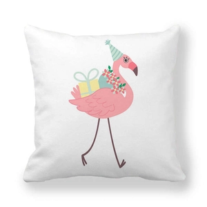 Macro detail of cartoon flamingo print with gift box on peach skin pillowcase