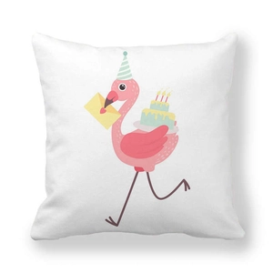 Detail of cartoon flamingo birthday illustration on soft white square pillowcase