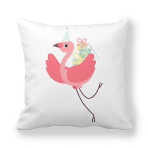Close-up of peach skin fabric pillowcase with cute pink cartoon flamingo print