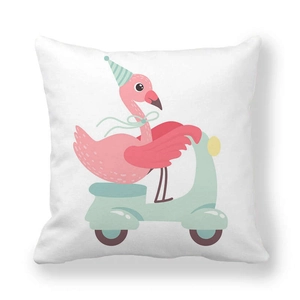 Detail of pink flamingo riding a scooter print on a white peach skin pillowcase
