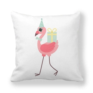 Close-up of pink flamingo print on white peach skin fabric with soft texture
