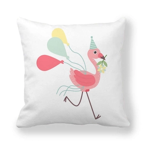 Detail of pink cartoon flamingo print on white peach skin pillowcase with party balloons