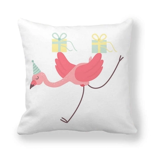 Close-up of pink flamingo cartoon pattern on a white decorative peach skin pillowcase