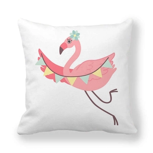 Peach skin square pillowcase featuring a cartoon pink flamingo and festive colorful flags