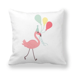 White square peach skin pillowcase with a cute pink cartoon flamingo and colorful balloons