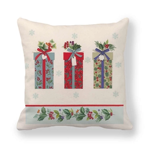 Detail of Christmas peach skin pillowcase showing festive gift boxes and holly patterns