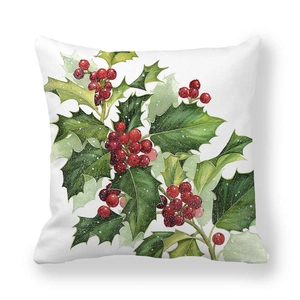 Detail view of holly leaves and red berries watercolor print on white Christmas cushion