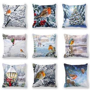 Detailed grid of nine Christmas pillow covers featuring winter birds and snow scenes