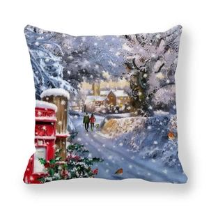 Macro detail of Christmas snow scene illustration on peach skin fabric cushion cover