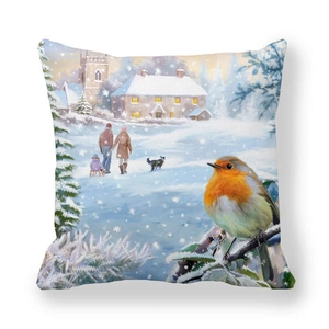 Detailed view of square peach skin pillowcase with winter oil painting robin pattern