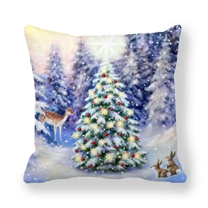 Christmas tree and deer illustration on soft peach skin square pillowcase detail