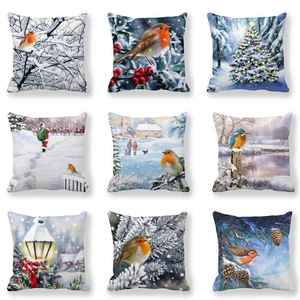 Winter Christmas Peach Skin Velvet Pillowcase Decorative Cushion Cover Oil Painting Snow Scene Santa Robin Xmas Home Decor