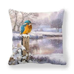 Christmas snow pillow cover with digital print of a kingfisher on a snowy stake