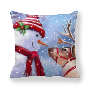 Christmas snowman and reindeer print square peach skin pillowcase with winter snow scene