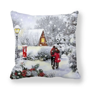 Christmas snow scene square pillowcase with hand-drawn couple illustration in peach skin fabric