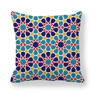 Detailed view of square peach skin pillowcase with geometric Islamic star pattern