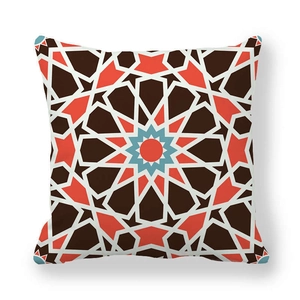 Detail of bohemian mandala peach skin pillowcase with geometric orange and brown pattern