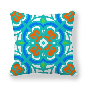 Close-up of geometric mandala pattern on peach skin pillowcase with weaving texture