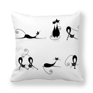 Détail de la taie d'oreiller carrée blanche avec six illustrations minimalistes de chats noirs