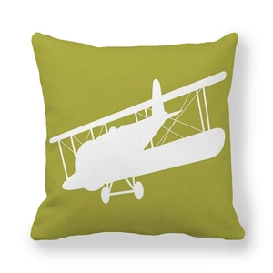 Funda de cojín cuadrada verde de piel de melocotón con silueta de avión biplano blanco