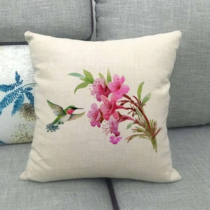 Federa per cuscino in lino stile europeo con stampa acquerello di fiori e colibrì