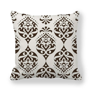 Square peach skin pillowcase with vintage brown Damask pattern on white background