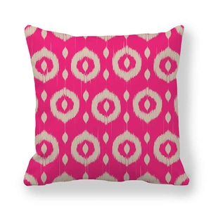 Minimalist geometric ikat square pillow cover in vibrant magenta and beige peach skin fabric