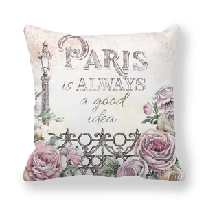 Close-up of Paris Eiffel Tower pillowcase with rose and street lamp vintage print