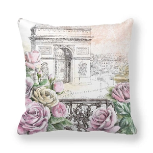 Macro detail of microfiber pillowcase featuring watercolor Eiffel Tower and roses