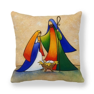 Peach skin square pillow case with colorful modern holy family nativity art illustration