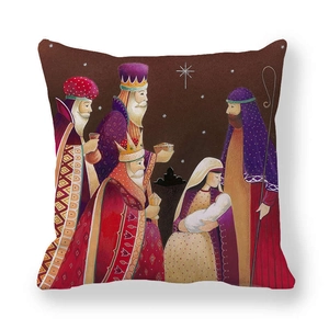 Square peach skin pillowcase featuring colorful Nativity scene with three wise men