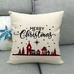 Linen Christmas pillow cover with red buffalo plaid forest and Merry Christmas text