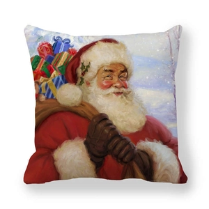 Nahaufnahme von Kissenbezug mit Weihnachtsmann-Ölgemälde-Druck auf weichem Stoff