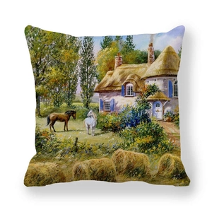 Sierkussenhoes met pastoraal olieverfschilderij, landhuis en paarden op perzikhuid textiel