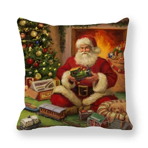 Detailansicht vom Weihnachtsmann-Motiv auf Pfirsichhaut-Kissenbezug mit festlichen Farben