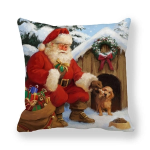 Detailansicht von Kissenbezug mit Ölgemälde-Print: Weihnachtsmann füttert einen Hund
