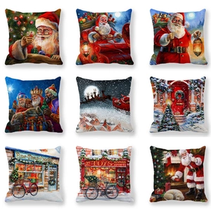 Christmas Santa Claus Reindeer Peach Skin Polyester Pillowcase Oil Painting Style Decorative Cushion Cover For Home Sofa
