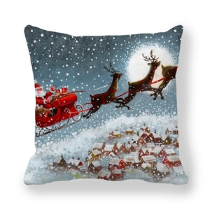 Christmas peach skin pillowcase featuring Santa sleigh and reindeer over a snowy village
