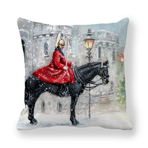 Christmas peach skin pillowcase featuring a Royal Guard riding a horse in the snow