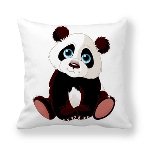 Square peach skin pillowcase featuring a cute cartoon panda with blue eyes and pink paws