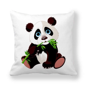 Soft square pillowcase featuring a cute cartoon panda eating bamboo on white background