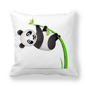 Square pillowcase featuring a cartoon panda climbing bamboo on white peach skin fabric