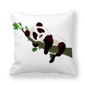 Cartoon panda sleeping on green tree branch printed on white square pillow case