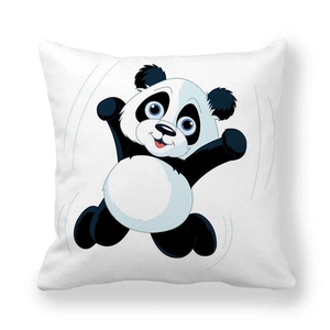 Close-up of cute cartoon panda print on white square peach skin fabric pillowcase