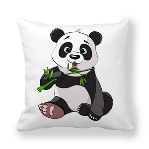 Close-up of cute cartoon panda eating green bamboo on soft white peach skin pillowcase