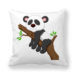 Detail of soft peach skin cushion cover with cute cartoon panda resting on a branch