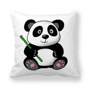 Close-up of cute cartoon panda holding bamboo on high-quality white peach skin pillowcase