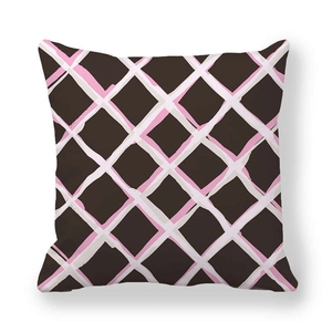 Detail of dark brown square pillowcase with pink and off-white lattice pattern