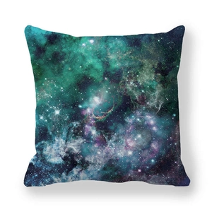 Nordic square pillowcase featuring a colorful galaxy nebula print on soft peach skin fabric